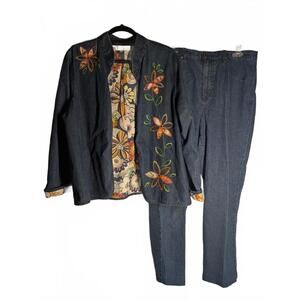 Women's Embroidered Denim Size 12 Pant Suit 70s Floral vibes Alfred Dunner